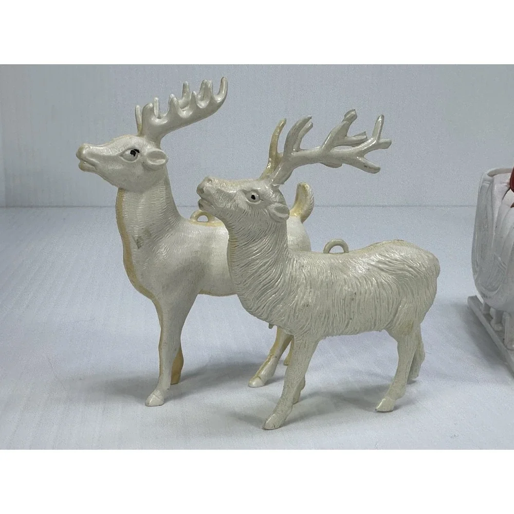 Vintage Christmas Hard Plastic Santa Sleigh Two White  Reindeer Candy Holder
